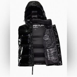 Super Puff Lacquer Black Puffer Vest with Hood